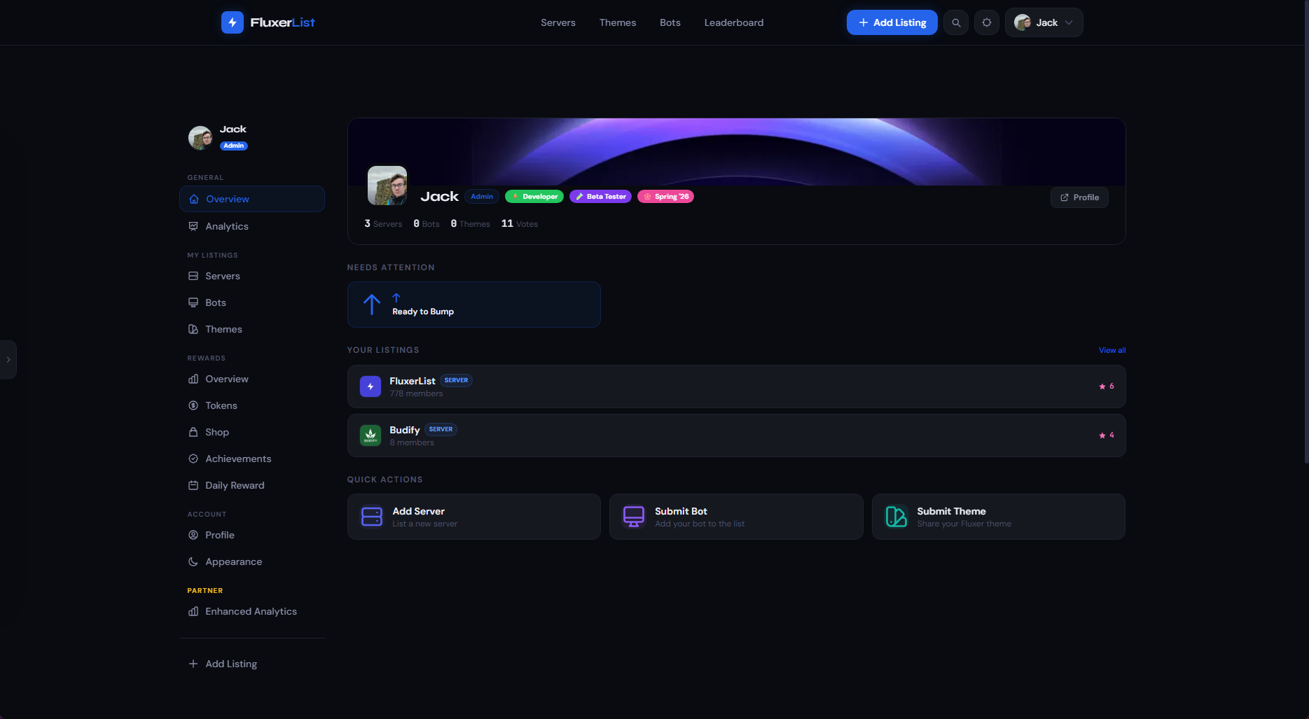 FluxerList listing dashboard